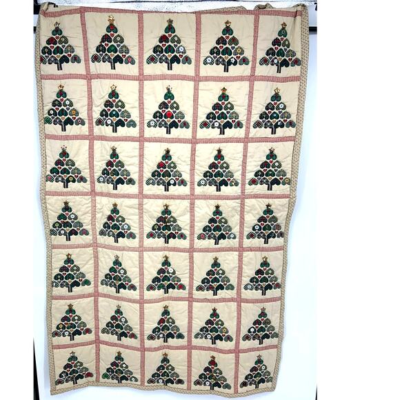 Hand Stitch Christmas Tree Patchwork Heart Carpet Rug Beige Rectangular Buttons - Picture 2 of 7